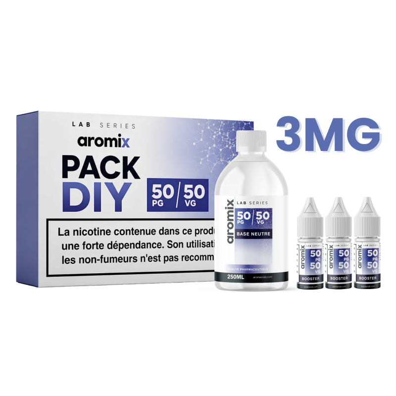 AROMIX Pack 3mg : (200 ml de produit fini en 3mg) composé de 170ml de base + 3 boosters 20mg